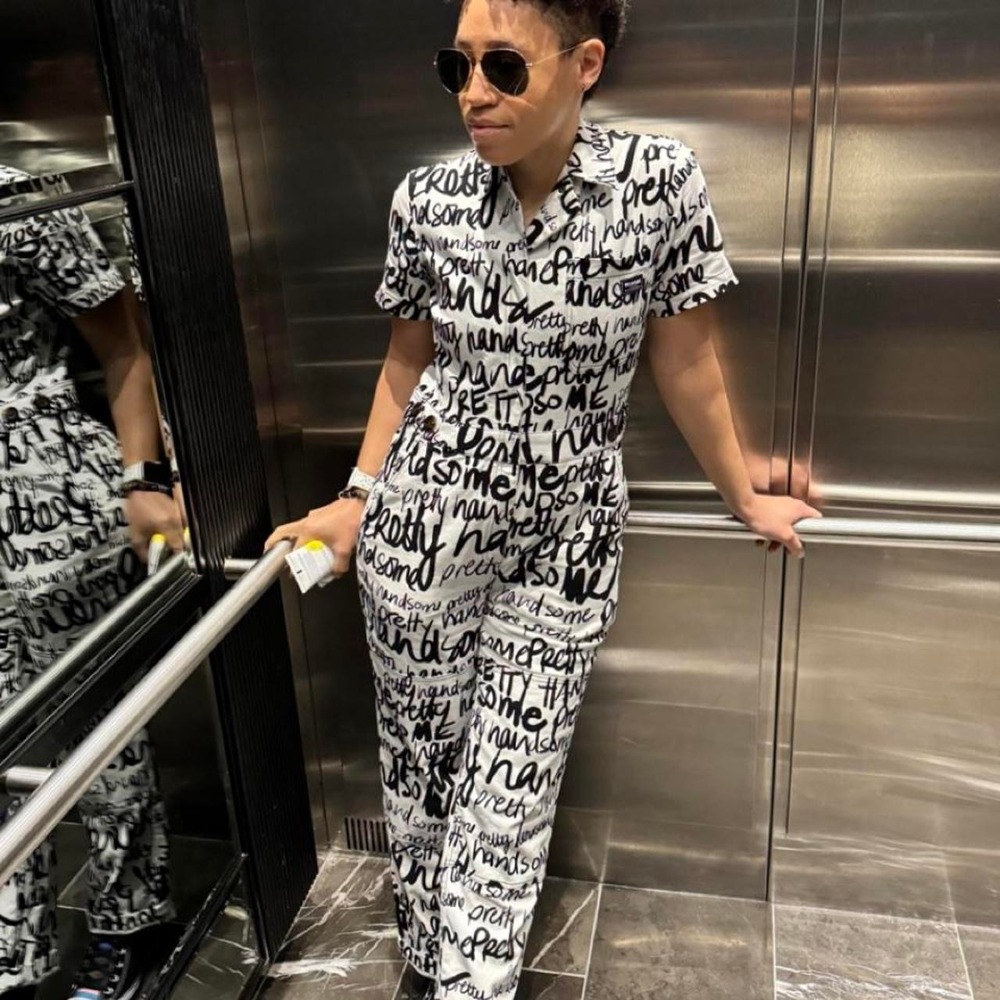 Wildfang essential high waisted coveralls graphic script funky, artsy elevated